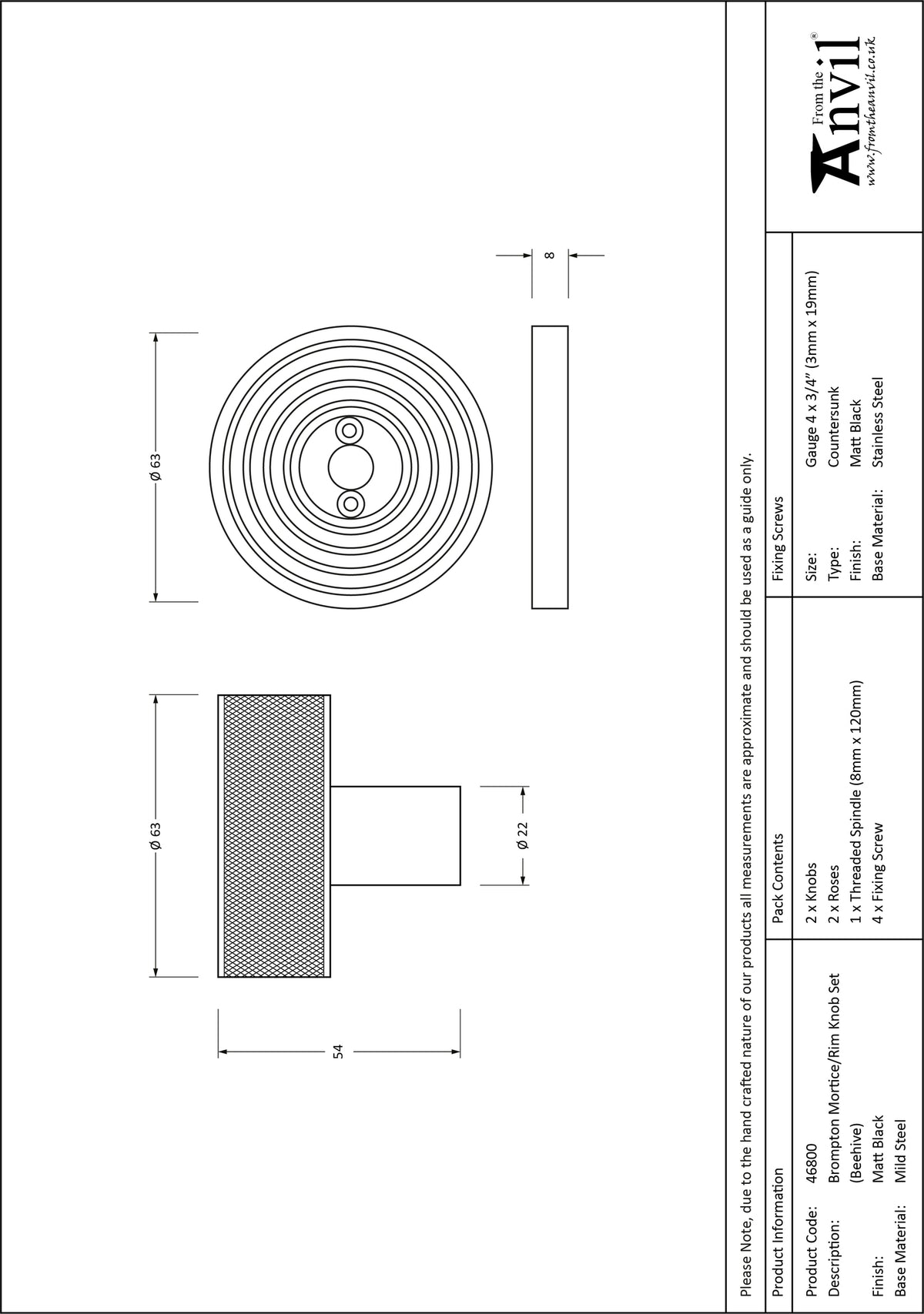 BROMPTON MORTICE/RIM KNOB BEEHIVE 63x54x22 MBK - 46800 by MARCHES (ANVIL) ARCHITECTURAL HARDWARE