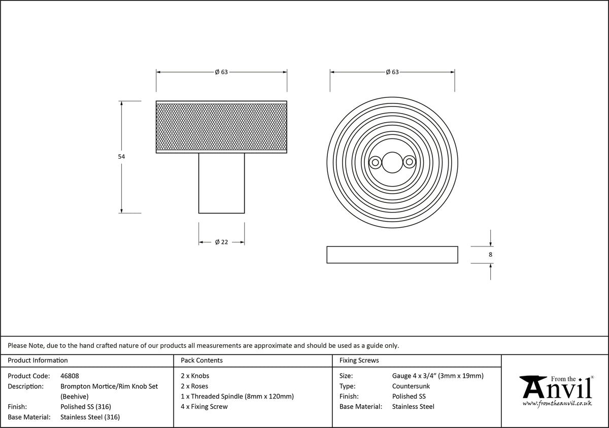 BROMPTON MORTICE/RIM KNOB BEEHIVE 63x54x22 PMA - 46808 by MARCHES (ANVIL) ARCHITECTURAL HARDWARE
