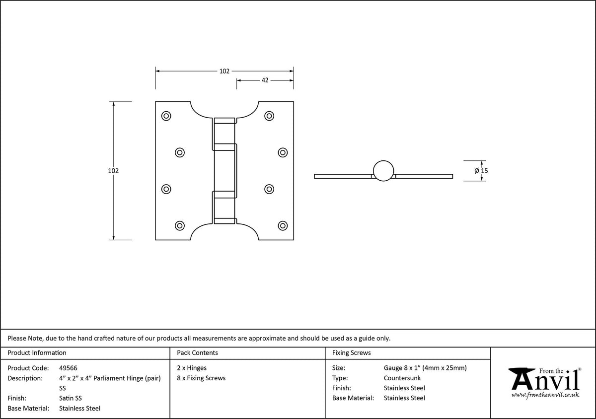 PARLIAMENT HINGE 102x102x42 SSS - 49566 by MARCHES (ANVIL) ARCHITECTURAL HARDWARE