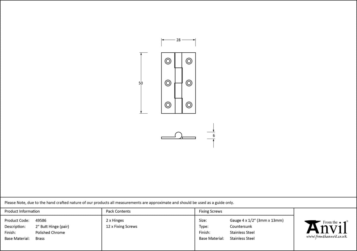 BUTT HINGE PR 50x28x6 PCP - 49586 by MARCHES (ANVIL) ARCHITECTURAL HARDWARE