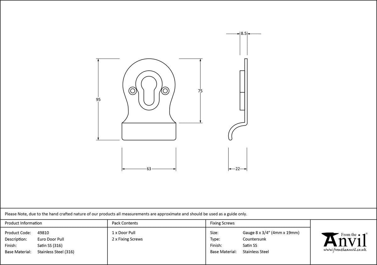 EURO DOOR PULL FACE FIX 95x63x22 SMA - 49810 by MARCHES (ANVIL) ARCHITECTURAL HARDWARE