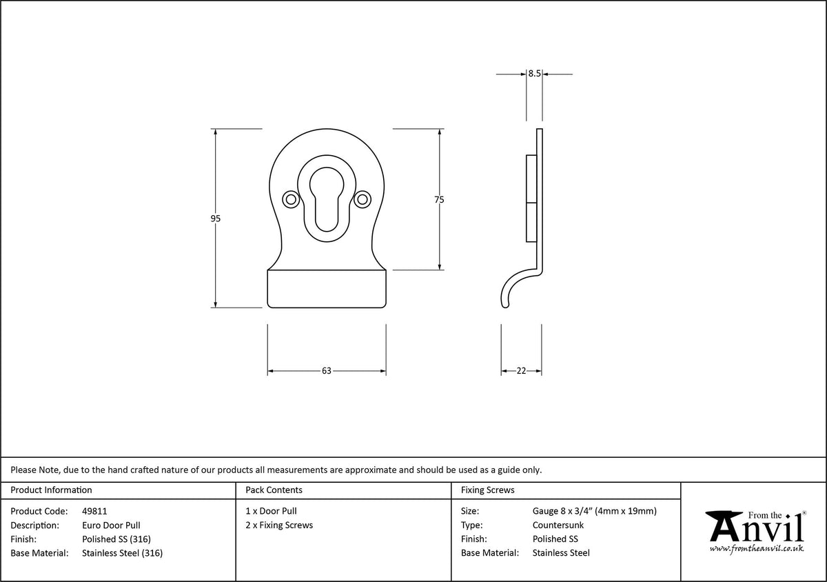 EURO DOOR PULL FACE FIX 95x63x22 PMA - 49811 by MARCHES (ANVIL) ARCHITECTURAL HARDWARE