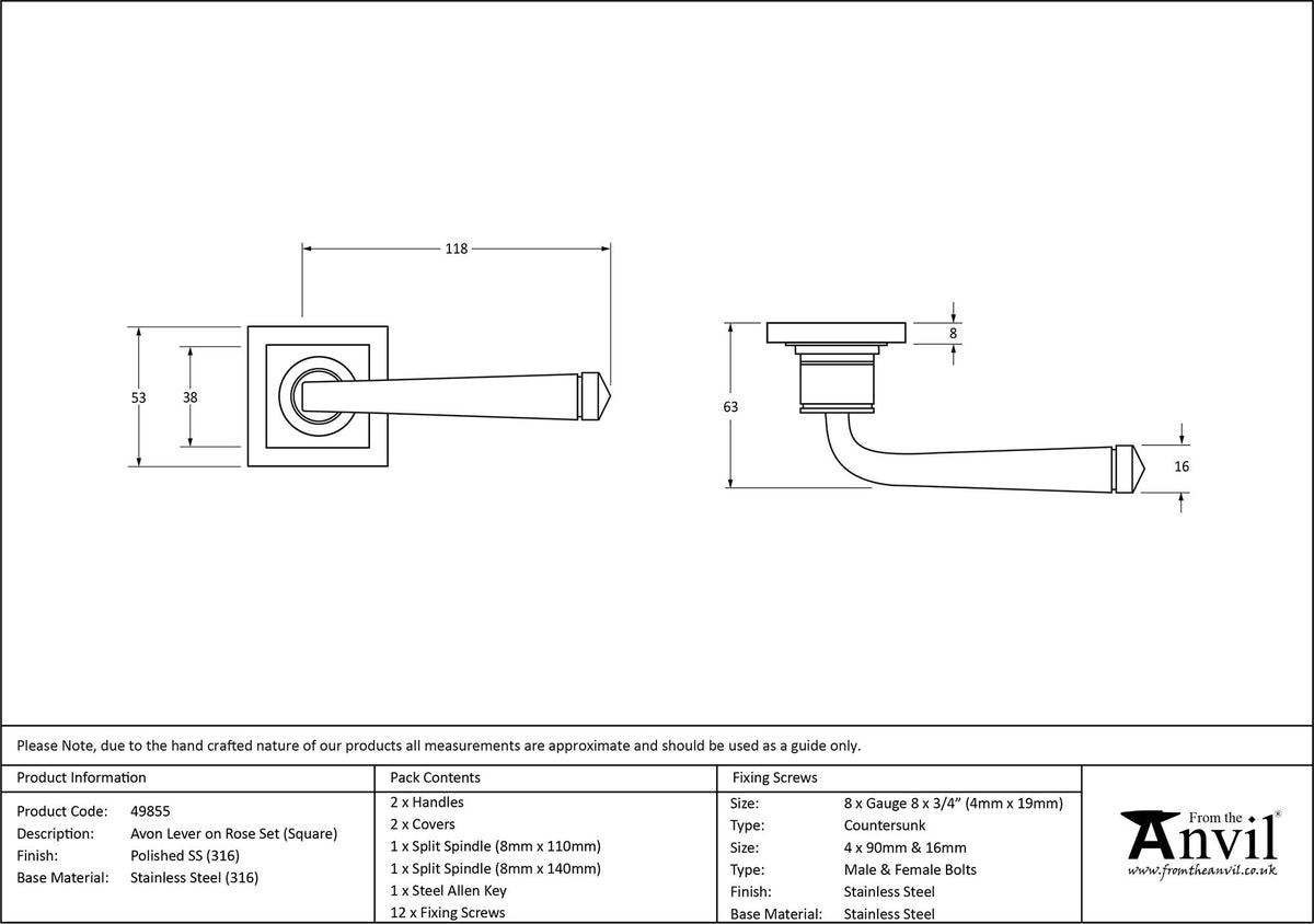 AVON LEVER HANDLE+ROSE SPRUNG SQUARE 53x118x63 PMA - 49855 by MARCHES (ANVIL) ARCHITECTURAL HARDWARE