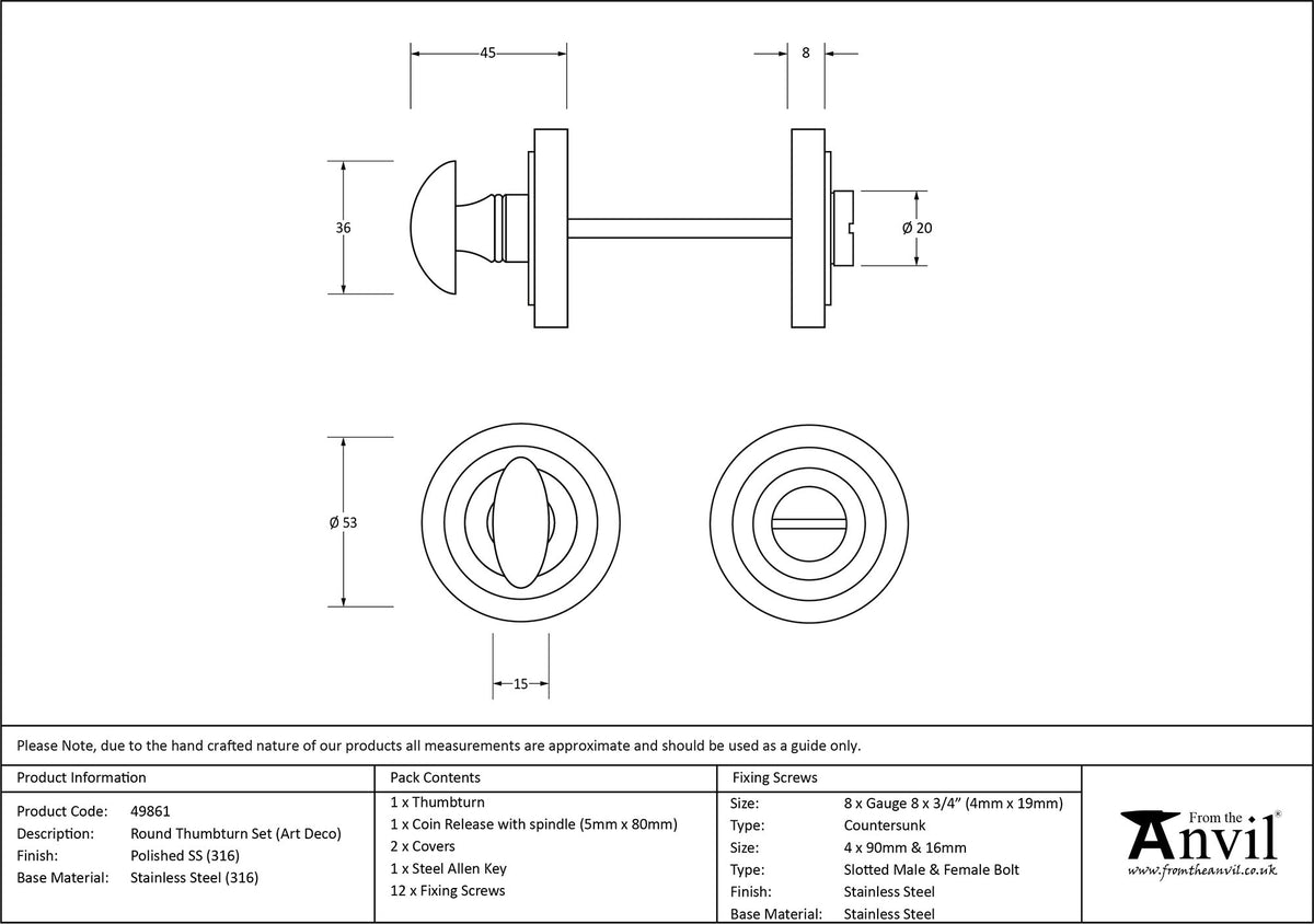 THUMBTURN SET ROUND CNC ART DECO 53x45 PMA - 49861 by MARCHES (ANVIL) ARCHITECTURAL HARDWARE