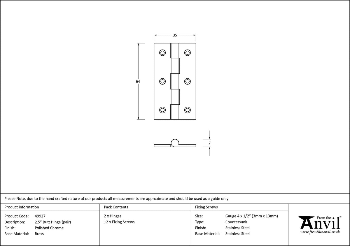 BUTT HINGE PR 64x35x7 PCP - 49927 by MARCHES (ANVIL) ARCHITECTURAL HARDWARE