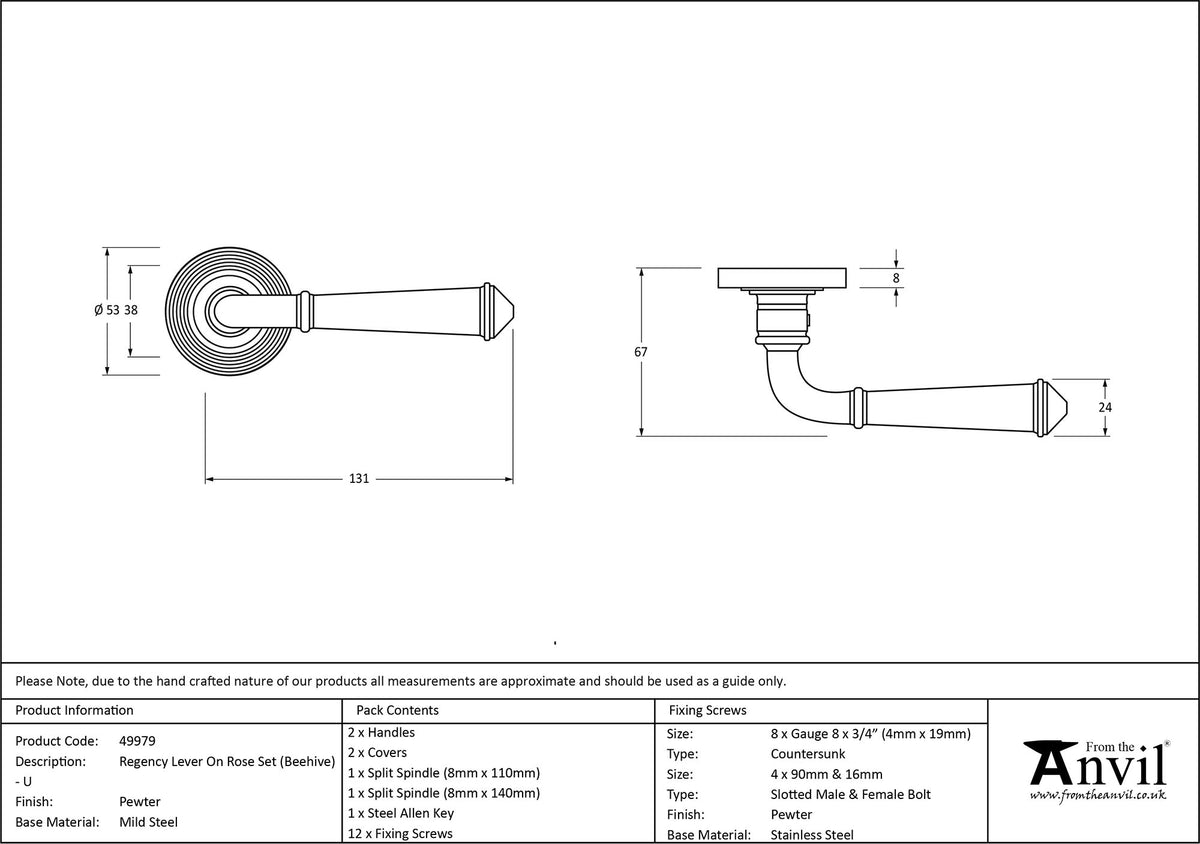 REGENCY LEVER HANDLE+ROSE BEEHIVE 131x53x67 PEW - 49979 by MARCHES (ANVIL) ARCHITECTURAL HARDWARE