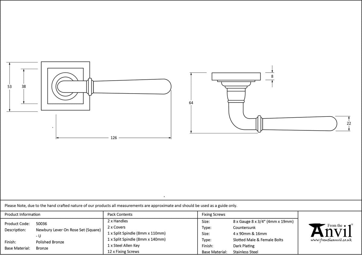 NEWBURY LEVER HANDLE+ROSE UNSPRUNG SQUARE 126x53x64 PBZ - 50036 by MARCHES (ANVIL) ARCHITECTURAL HARDWARE
