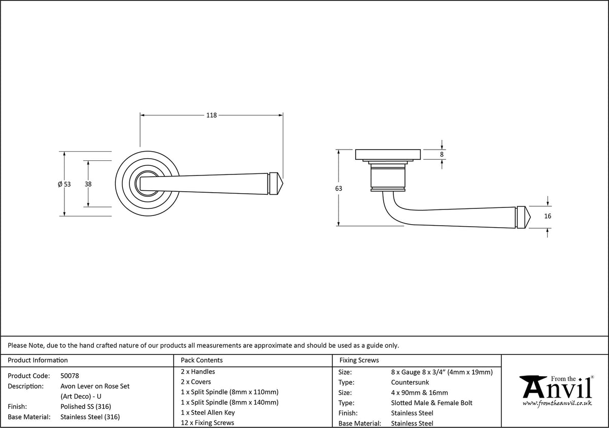 AVON LEVER HANDLE+ROSE UNSPRUNG ART DECO 53x118x63 PMA - 50078 by MARCHES (ANVIL) ARCHITECTURAL HARDWARE