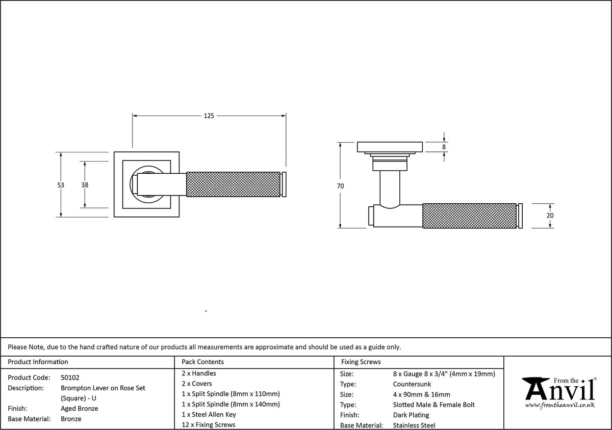 BROMPTON LEVER HANDLE+ROSE UNSPRUNG SQUARE 125x53x70 AGBZ - 50102 by MARCHES (ANVIL) ARCHITECTURAL HARDWARE