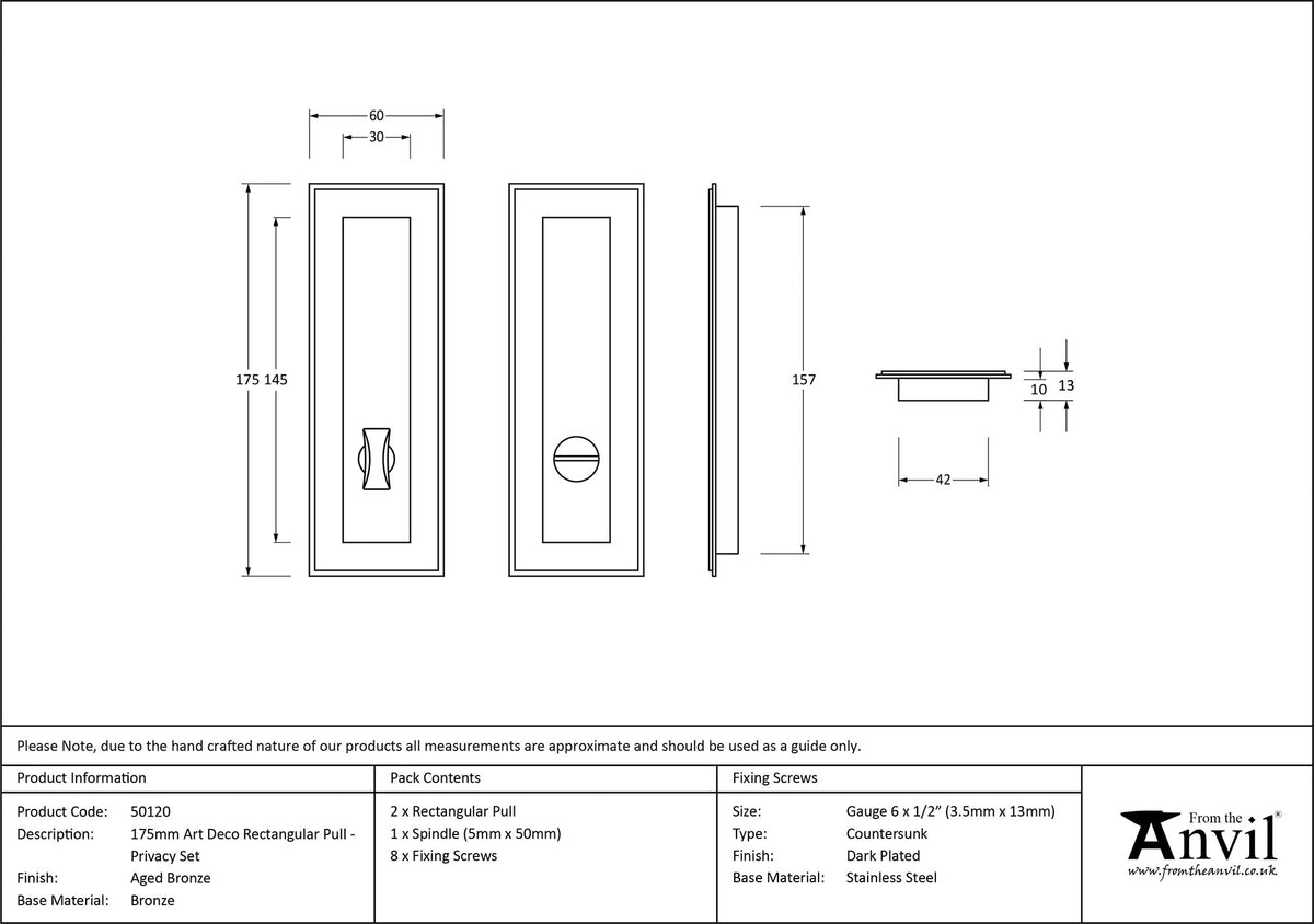 RECTANGULAR PULL PRIVACY ART DECO 175x60x13 AGBZ - 50120 by MARCHES (ANVIL) ARCHITECTURAL HARDWARE
