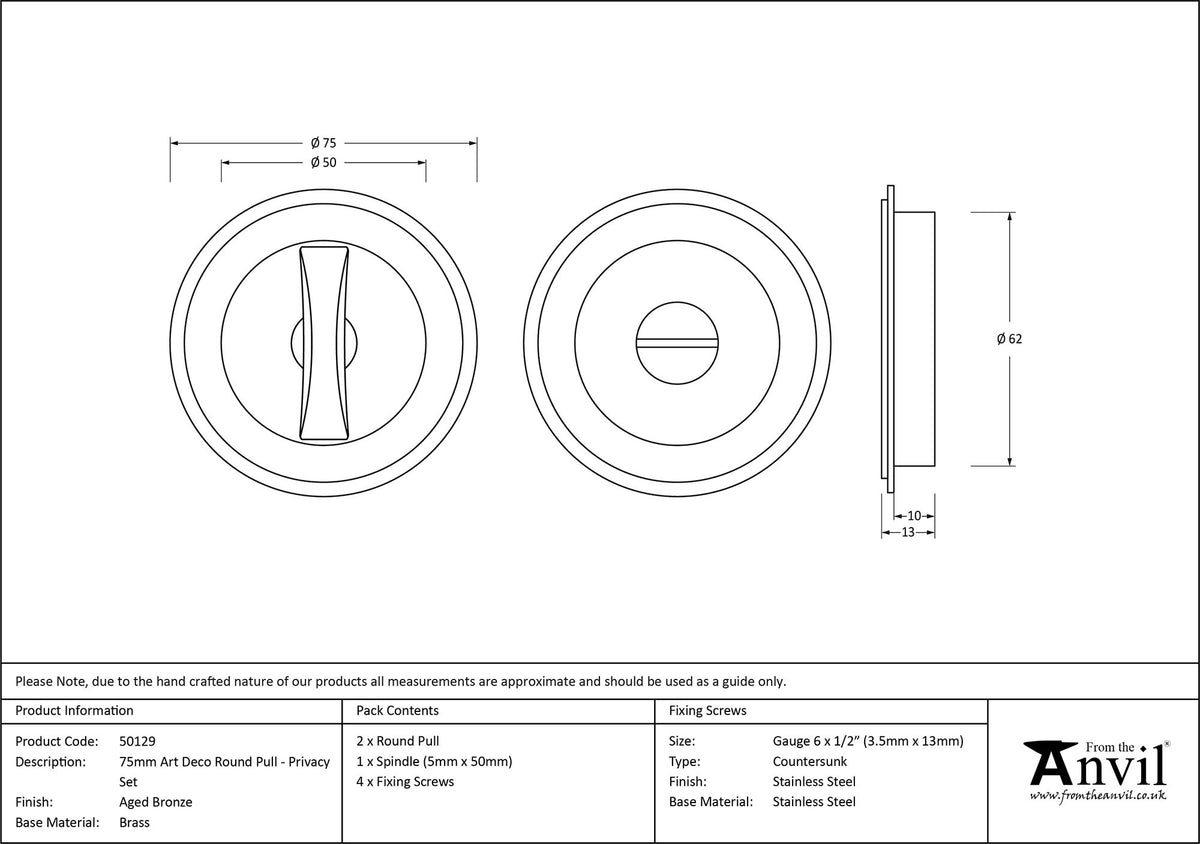 ROUND PULL PRIVACY ART DECO 75x13 AGBZ - 50129 by MARCHES (ANVIL) ARCHITECTURAL HARDWARE