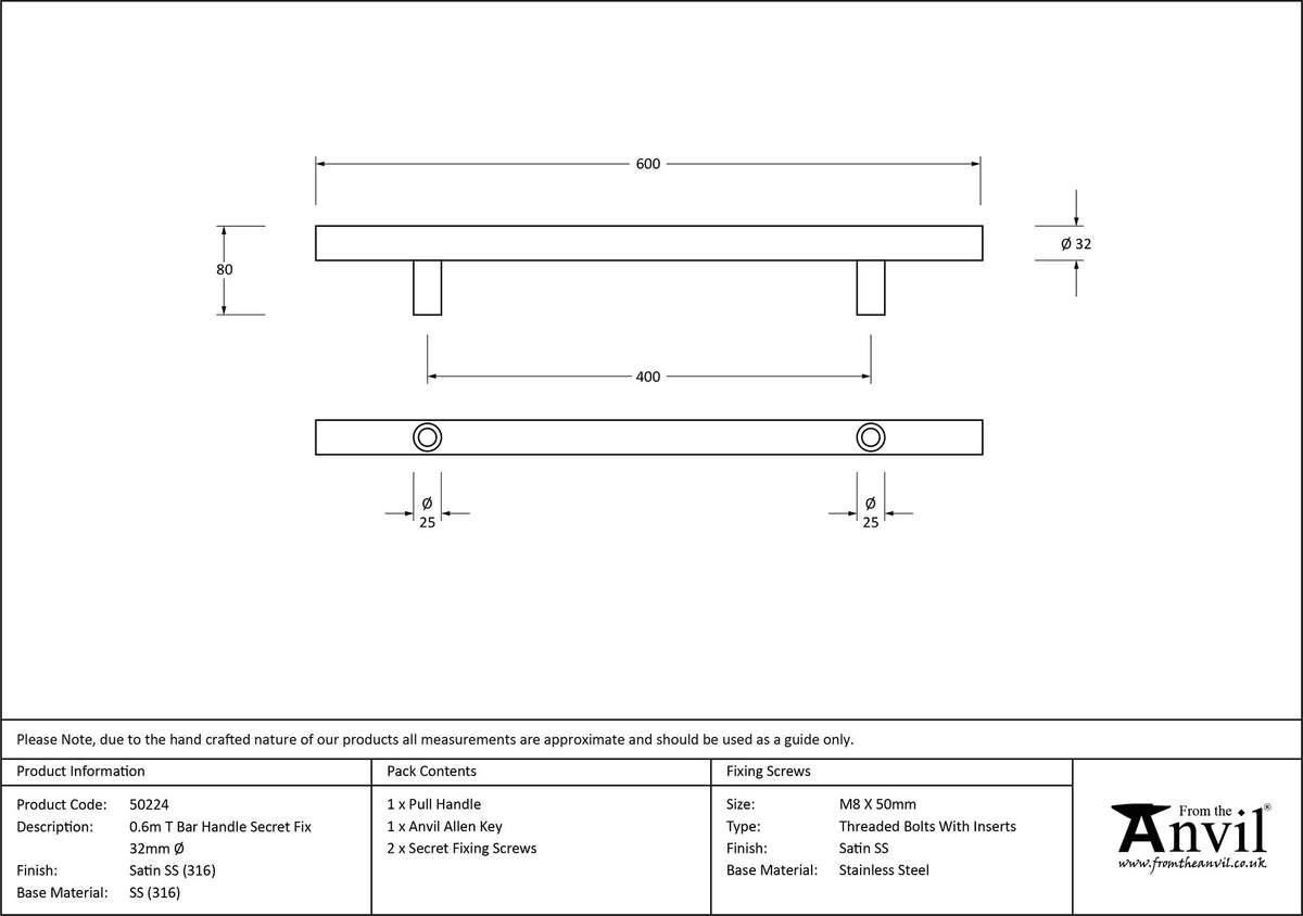 T-BAR HANDLE SECRET FIX 0400HC 32x0600x80 SMA - 50224 by MARCHES (ANVIL) ARCHITECTURAL HARDWARE