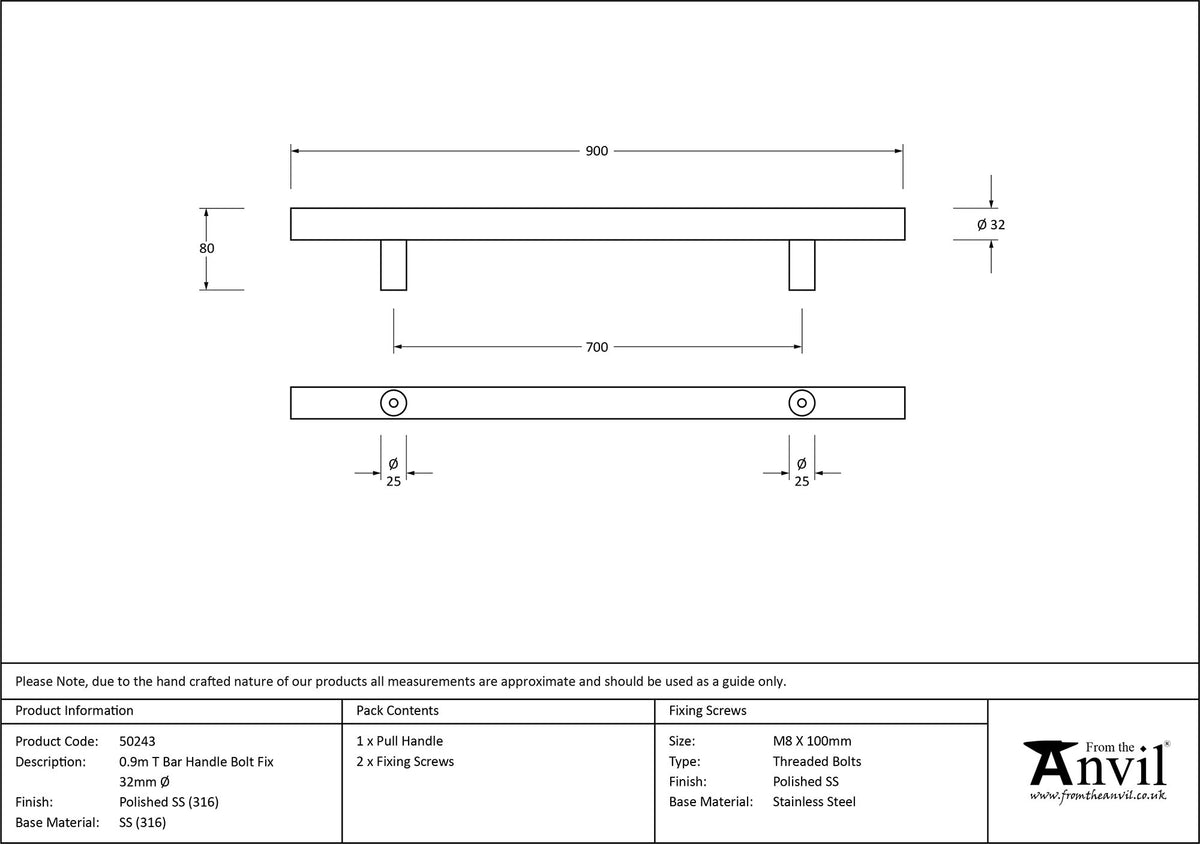 T-BAR HANDLE BOLT FIX 0700HC 32x0900x80 PMA - 50243 by MARCHES (ANVIL) ARCHITECTURAL HARDWARE