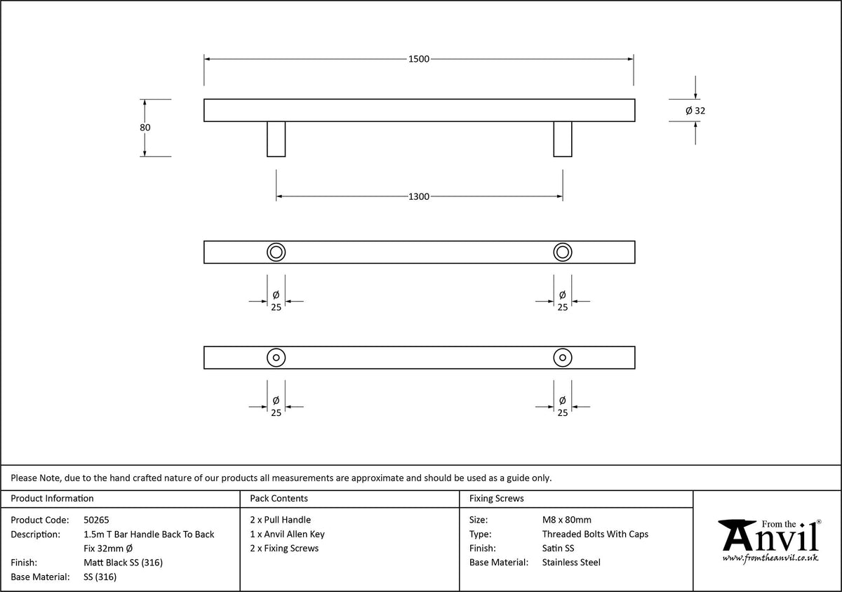 T-BAR HANDLE B2B FIX 1300HC 32x1500x80 MBK - 50265 by MARCHES (ANVIL) ARCHITECTURAL HARDWARE