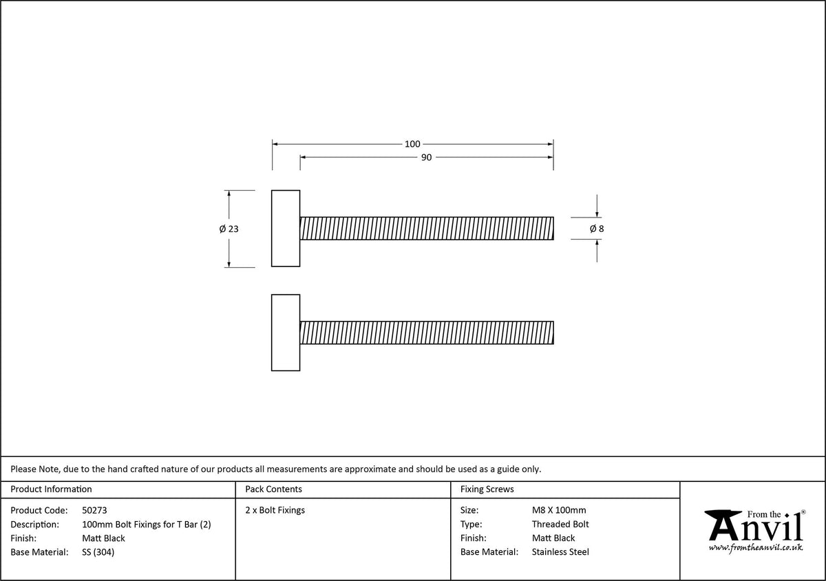 T-BAR BOLT FIXINGS 100 MKSS x2 - 50273 by MARCHES (ANVIL) ARCHITECTURAL HARDWARE