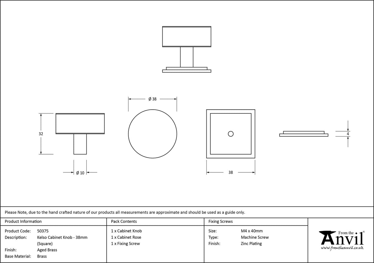 KELSO CABINET KNOB SQUARE 38x32 AGBR - 50375 by MARCHES (ANVIL) ARCHITECTURAL HARDWARE