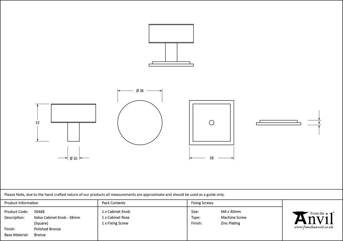 KELSO CABINET KNOB SQUARE 38x32 PBZ - 50468 by MARCHES (ANVIL) ARCHITECTURAL HARDWARE