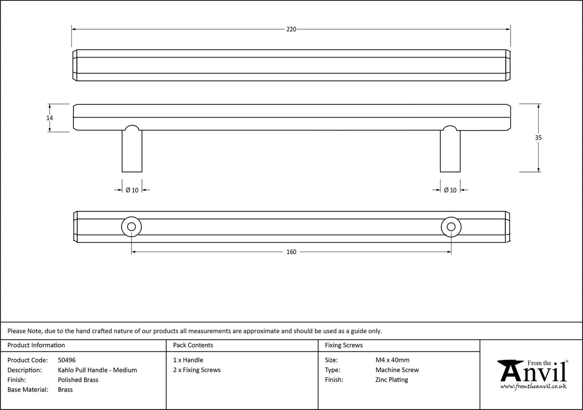 KAHLO PULL HANDLE 160HC 10x220x35 PBR - 50496 by MARCHES (ANVIL) ARCHITECTURAL HARDWARE