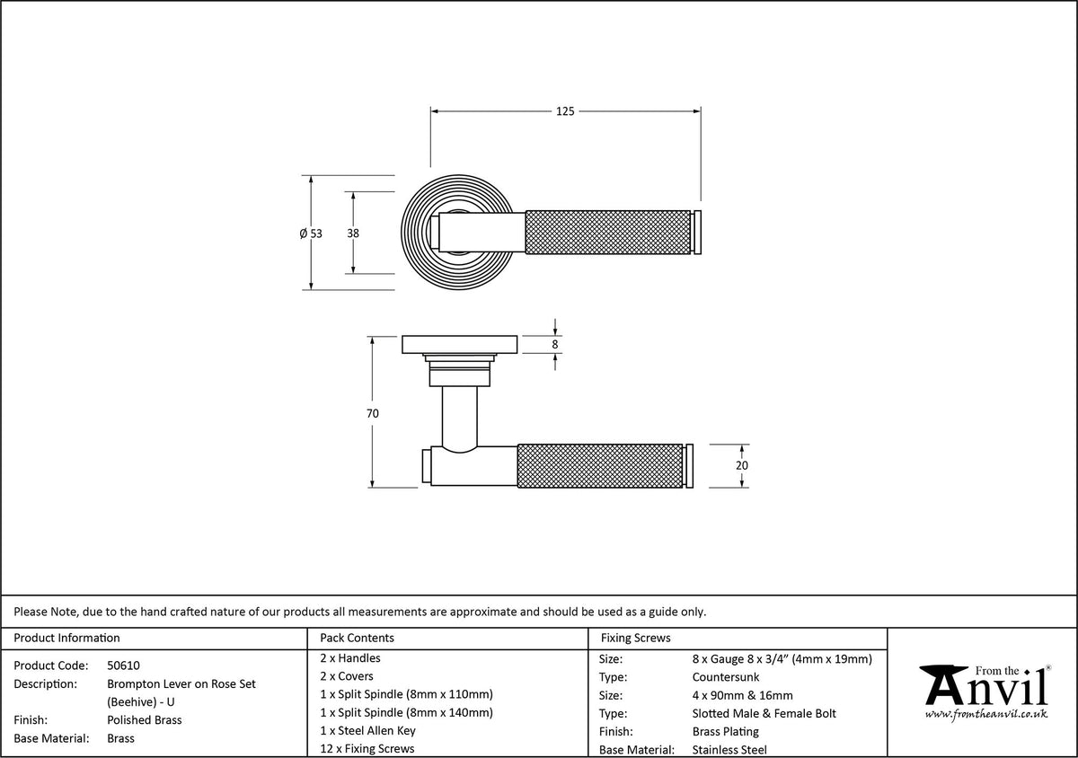 BROMPTON LEVER HANDLE+ROSE UNSPRUNG BEEHIVE 125x53x70 PBR - 50610 by MARCHES (ANVIL) ARCHITECTURAL HARDWARE