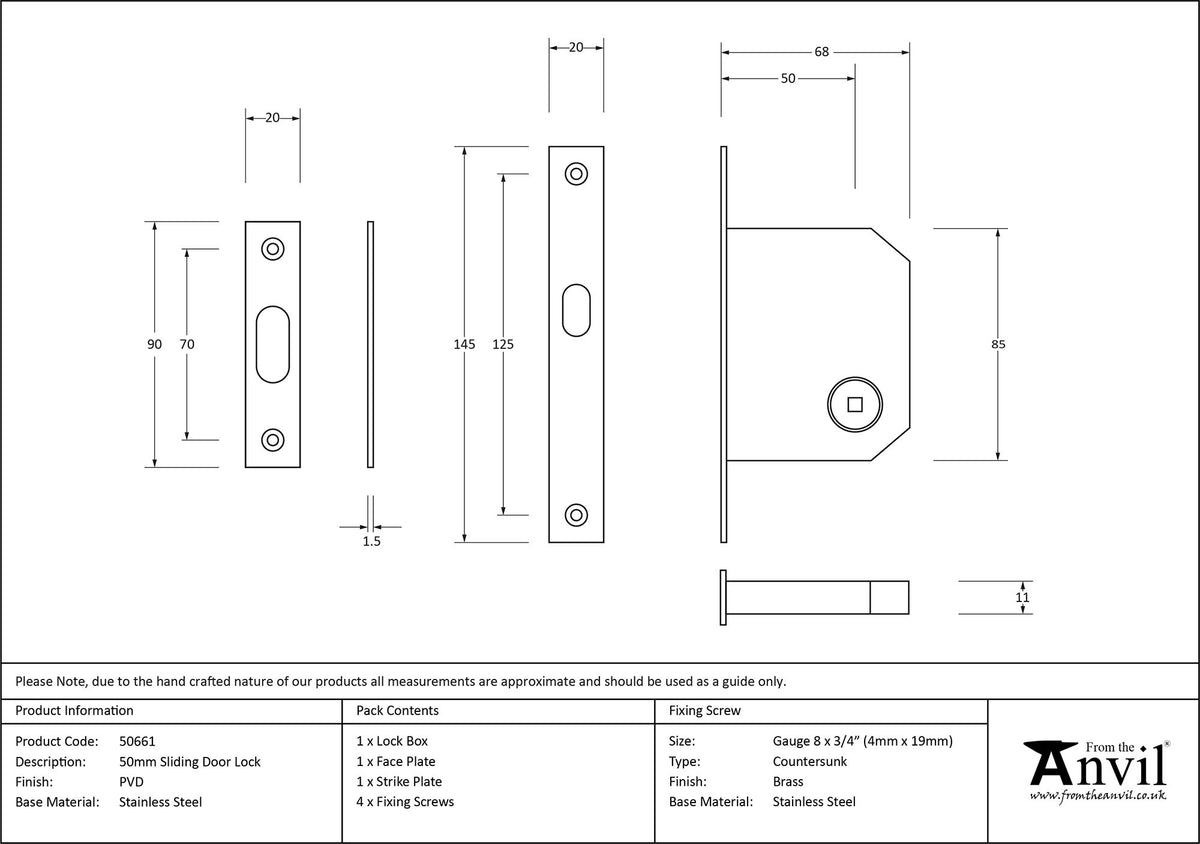 SLIDING DOOR LOCK BS50 145x20x68 PVD - 50661 by MARCHES (ANVIL) ARCHITECTURAL HARDWARE