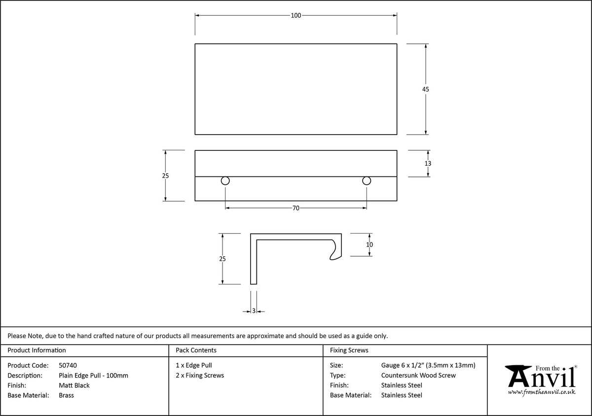 PLAIN EDGE PULL 070HC 100x45x25 MBK - 50740 by MARCHES (ANVIL) ARCHITECTURAL HARDWARE
