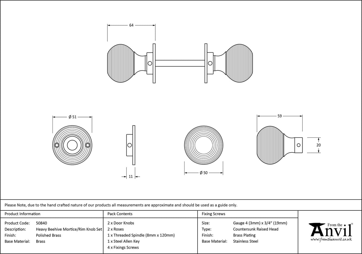 HEAVY BEEHIVE MORTICE/RIM KNOB 50x64x51 PBR - 50840 by MARCHES (ANVIL) ARCHITECTURAL HARDWARE