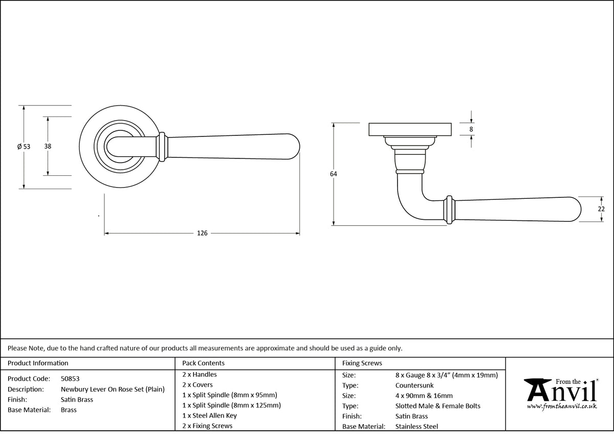 NEWBURY LEVER HANDLE+ROSE SPRUNG PLAIN 53x126x64 SBR - 50853 by MARCHES (ANVIL) ARCHITECTURAL HARDWARE