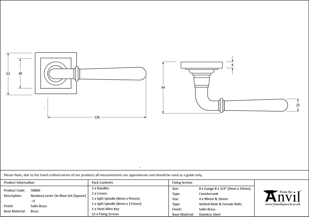 NEWBURY LEVER HANDLE+ROSE UNSPRUNG SQUARE 126x53x64 SBR - 50860 by MARCHES (ANVIL) ARCHITECTURAL HARDWARE