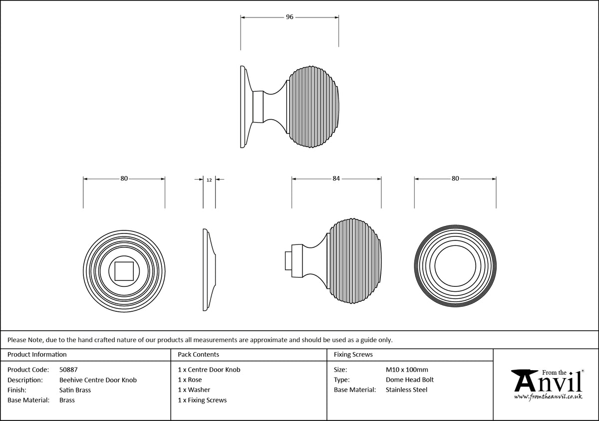 BEEHIVE CENTRE DOOR KNOB 80x96x80 SBR - 50887 by MARCHES (ANVIL) ARCHITECTURAL HARDWARE