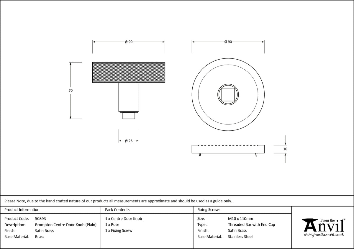 BROMPTON CENTRE DOOR KNOB PLAIN 90x70 SBR - 50893 by MARCHES (ANVIL) ARCHITECTURAL HARDWARE