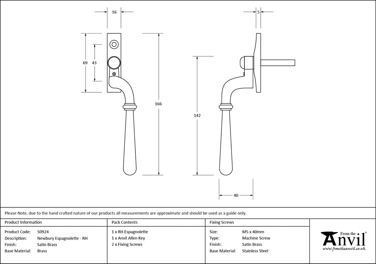 NEWBURY ESPAG 166x16x40 RH SBR - 50924 by MARCHES (ANVIL) ARCHITECTURAL HARDWARE