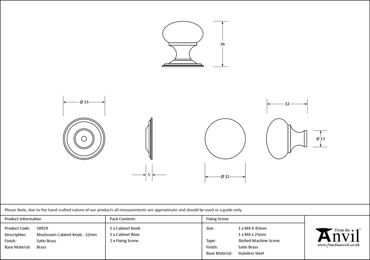 Satin Brass Mushroom Cabinet Knob 3 - 50929 by MARCHES (ANVIL) ARCHITECTURAL HARDWARE