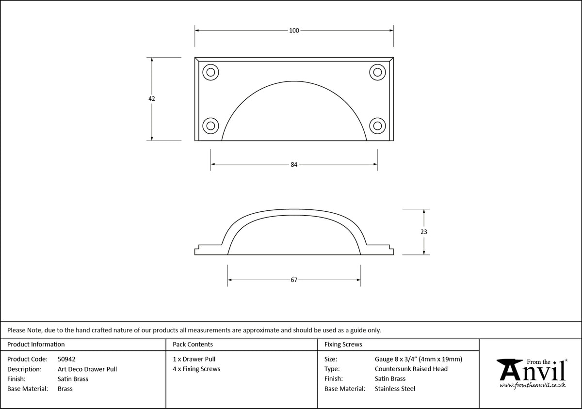 ART DECO DRAWER PULL 084HC 100x42x23 SBR - 50942 by MARCHES (ANVIL) ARCHITECTURAL HARDWARE