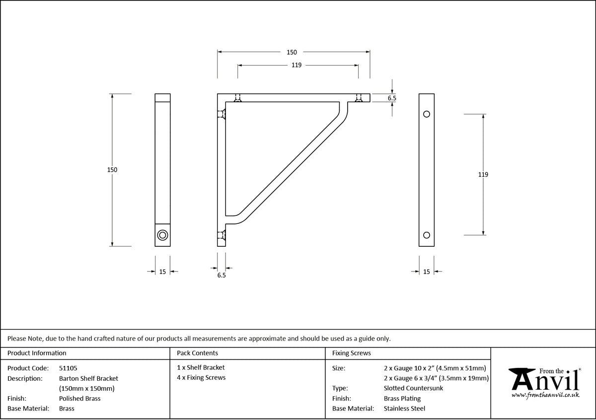 BARTON SHELF BKT 150x15x150 PBR - 51105 by MARCHES (ANVIL) ARCHITECTURAL HARDWARE