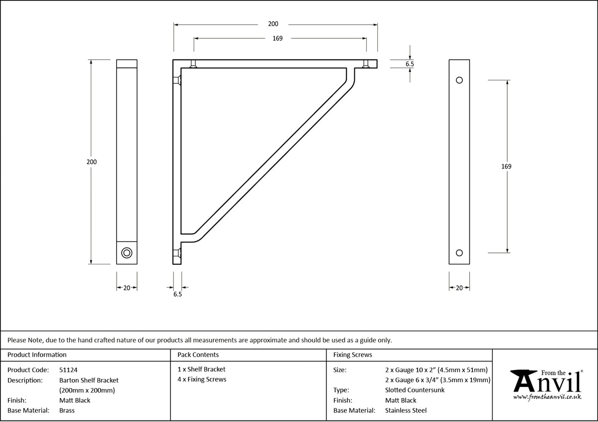 BARTON SHELF BKT 200x20x200 MBK - 51124 by MARCHES (ANVIL) ARCHITECTURAL HARDWARE