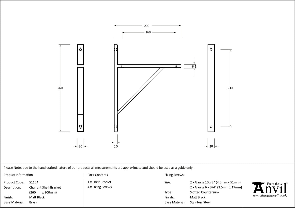 CHALFONT SHELF BKT 260x20x200 MBK - 51154 by MARCHES (ANVIL) ARCHITECTURAL HARDWARE