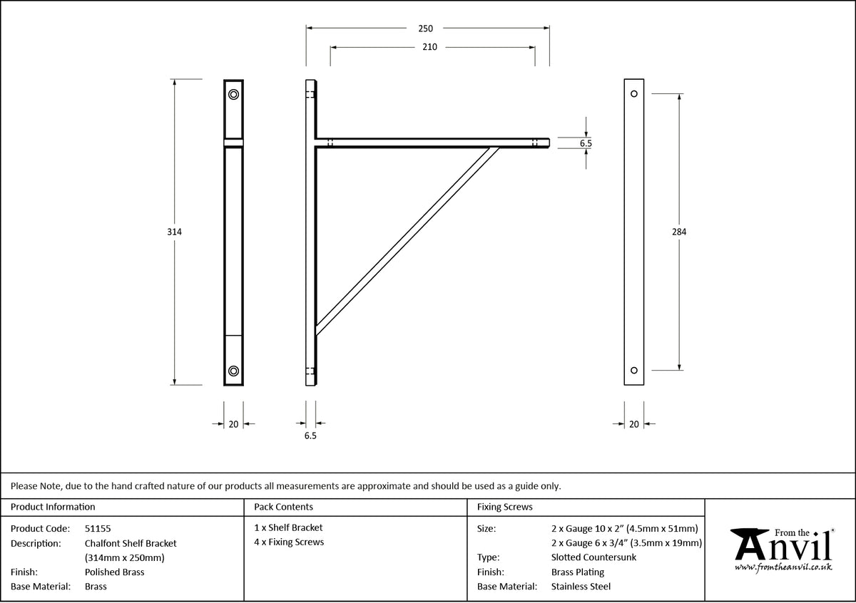 CHALFONT SHELF BKT 314x20x250 PBR - 51155 by MARCHES (ANVIL) ARCHITECTURAL HARDWARE