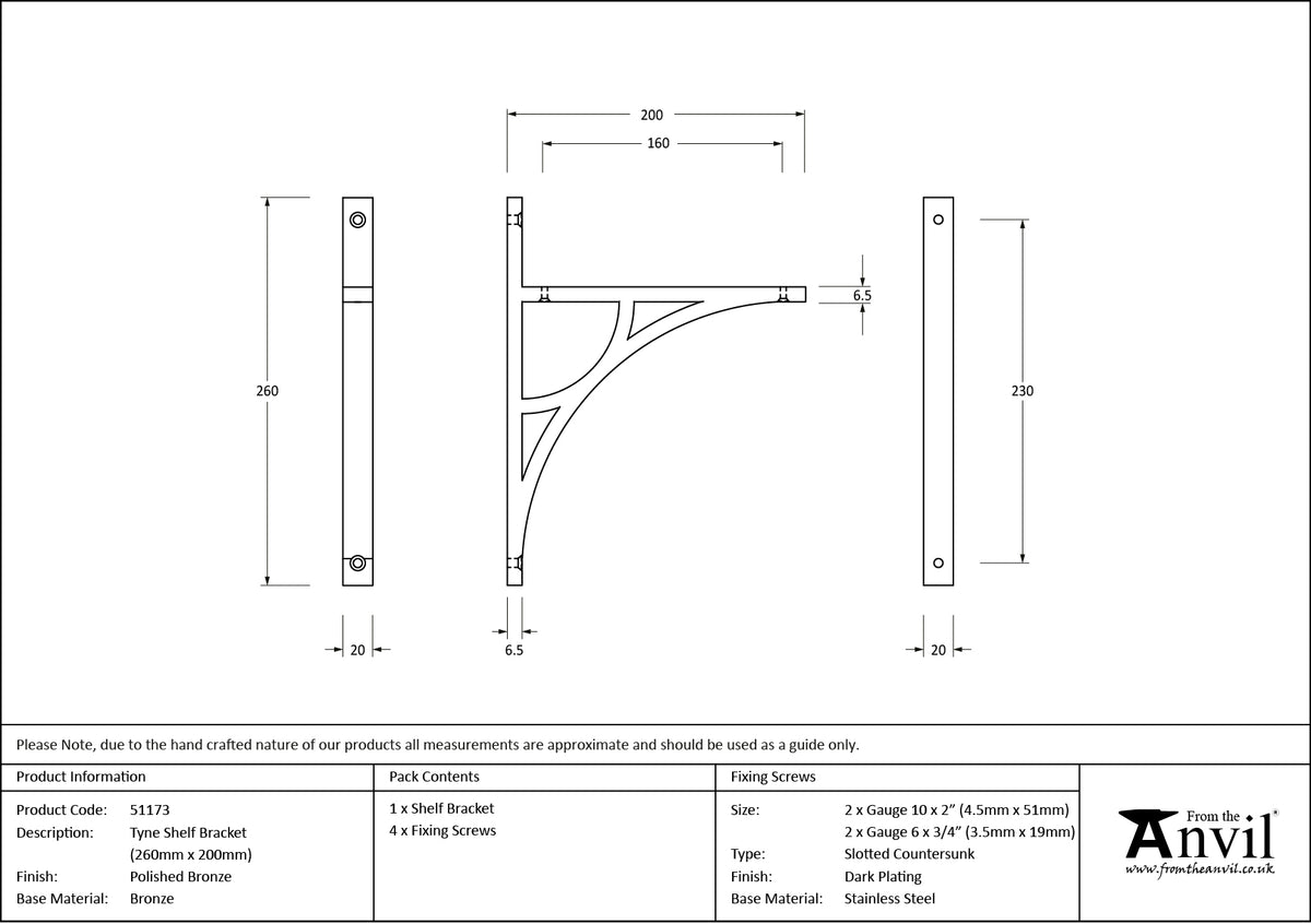 TYNE SHELF BKT 260x20x200 PBZ - 51173 by MARCHES (ANVIL) ARCHITECTURAL HARDWARE
