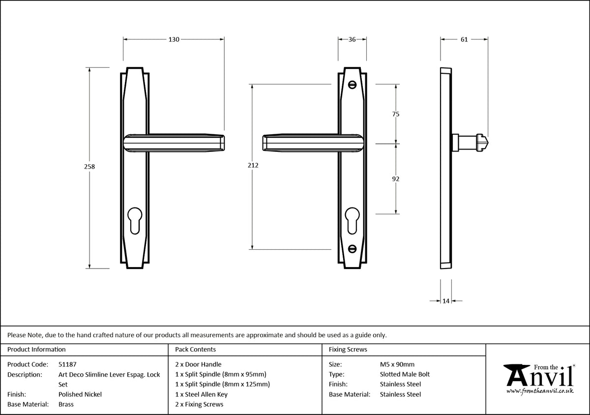 ART DECO SLIM LEVER ESPAGNOLETTE LOCK 130x258x61 PNP - 51187 by MARCHES (ANVIL) ARCHITECTURAL HARDWARE