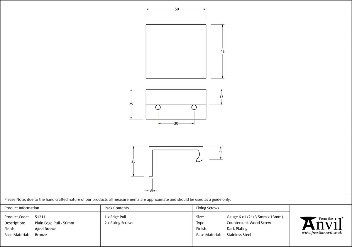 PLAIN EDGE PULL 030HC 050x45x25 AGBZ - 51211 by MARCHES (ANVIL) ARCHITECTURAL HARDWARE