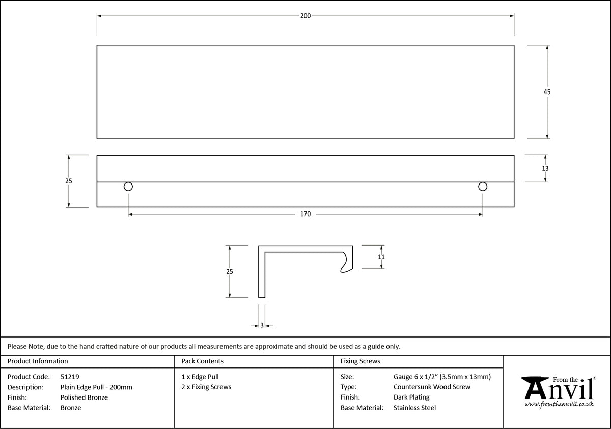 PLAIN EDGE PULL 170HC 200x45x25 PBZ - 51219 by MARCHES (ANVIL) ARCHITECTURAL HARDWARE