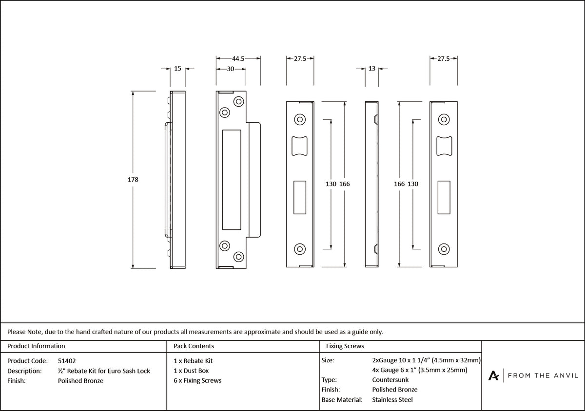 EURO SASH LOCK REBATE KIT 12.7 PBZ - 51402 by MARCHES (ANVIL) ARCHITECTURAL HARDWARE
