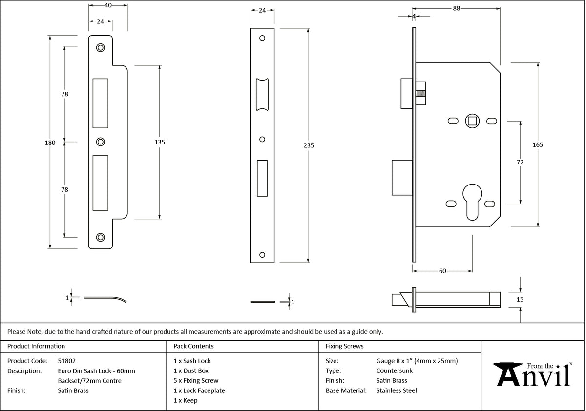EURO DIN SASH LOCK BS60 72 SBR - 51802 by MARCHES (ANVIL) ARCHITECTURAL HARDWARE
