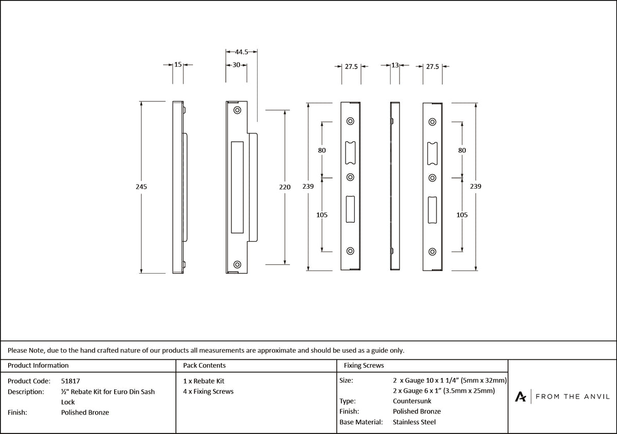 EURO DIN SASH LOCK REBATE KIT 12.7 PBZ - 51817 by MARCHES (ANVIL) ARCHITECTURAL HARDWARE