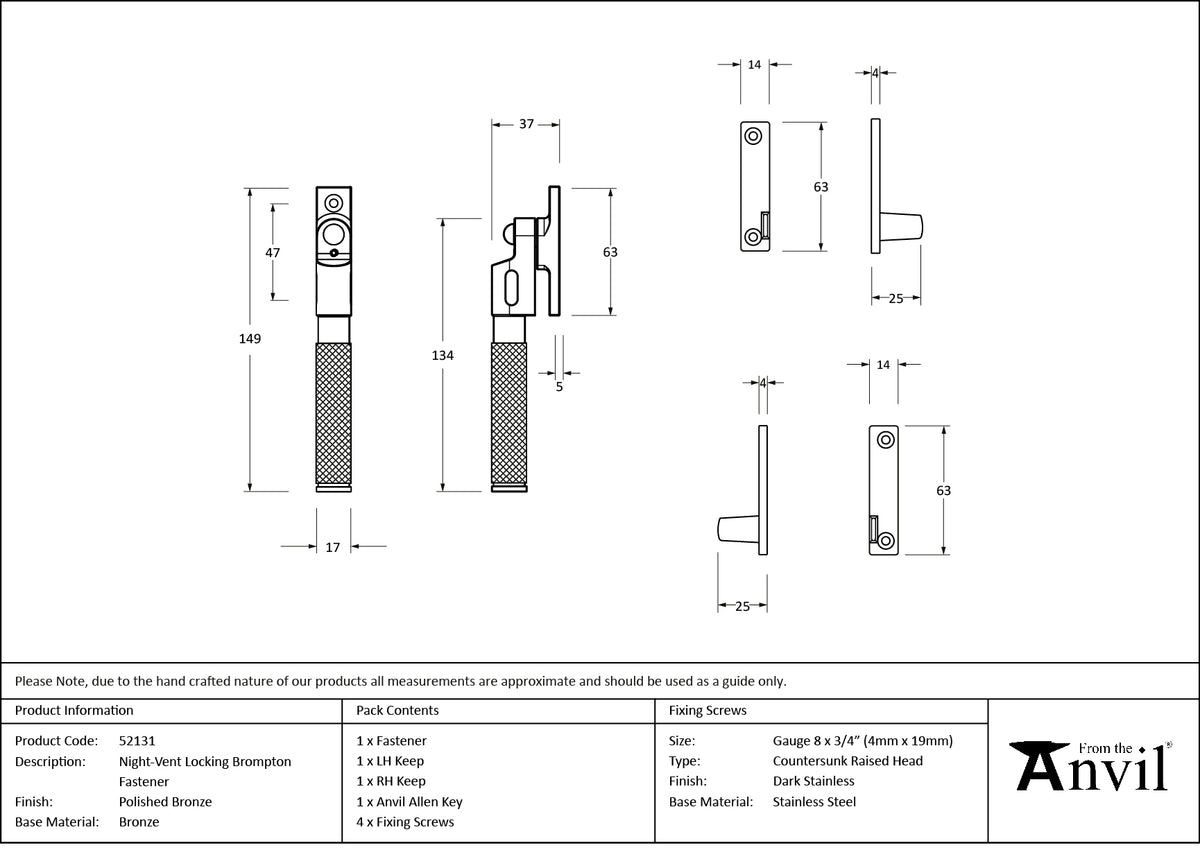 BROMPTON LOCKING NIGHT-VENT FASTENER 149x17x37 PBZ - 52131 by MARCHES (ANVIL) ARCHITECTURAL HARDWARE