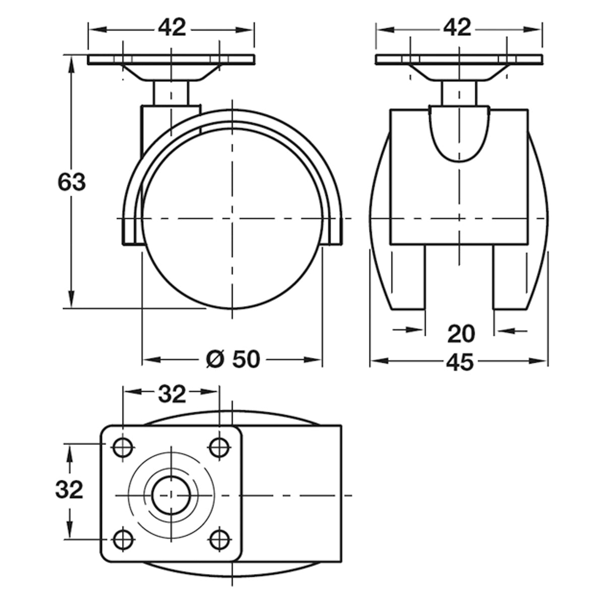 TWIN CASTOR NOBRAKE D50x45 PL/MBLK