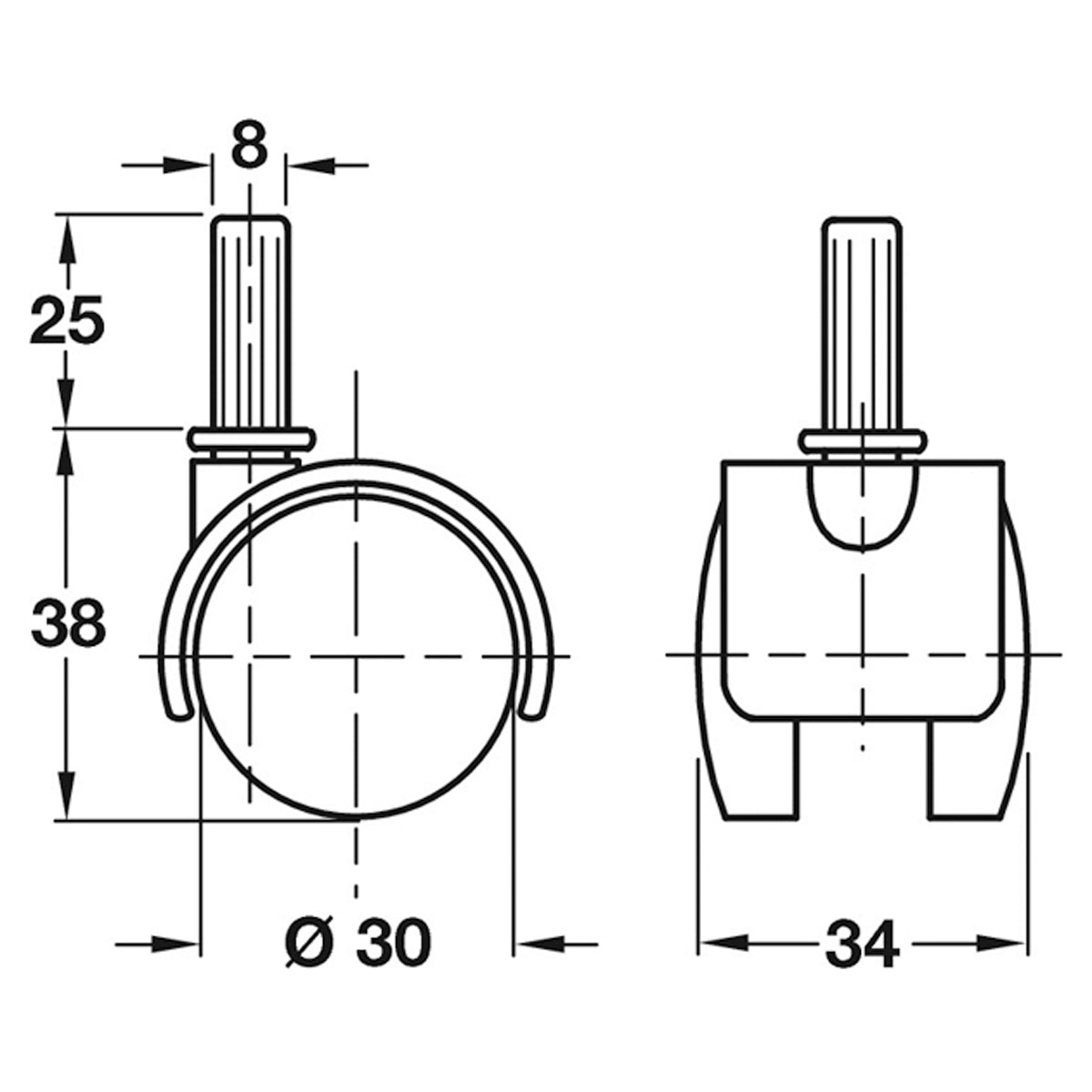 TWIN CASTOR NO BRAKE D30x34 PL/MBLK