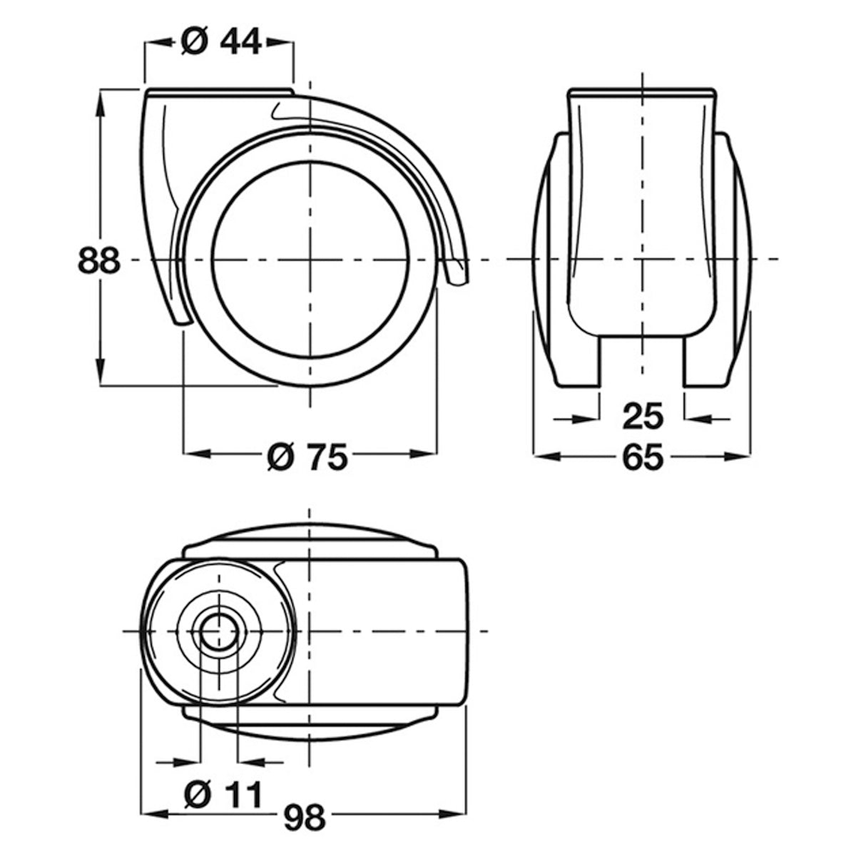 TWIN CASTOR BRAKE D75x65 PL/GREY