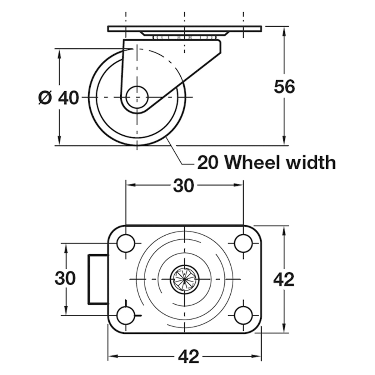 SWIVEL CASTOR 35KG D40x45x45 ST/GAL