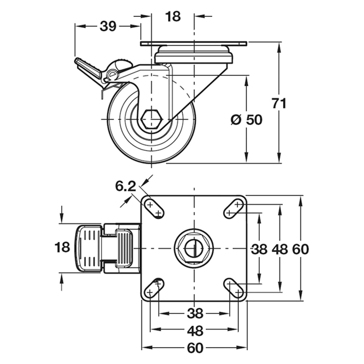 D50mm Castor Swivel w Brake PL Galv